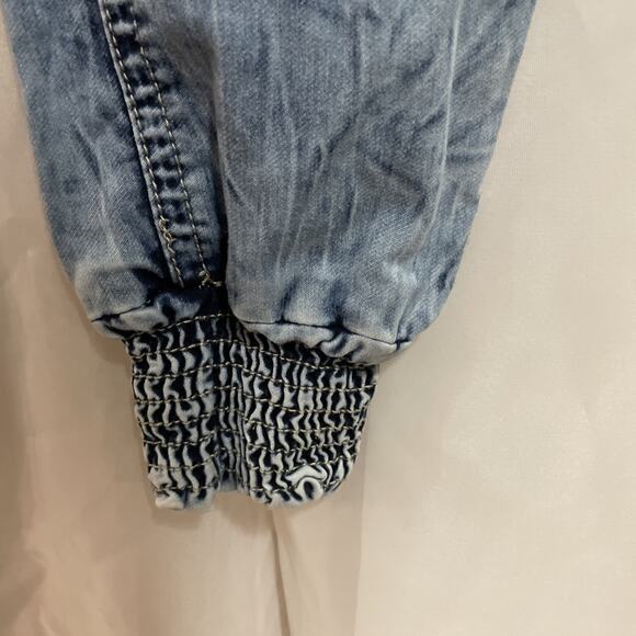 Ranbeeri Jeans Jogger 27 USA Sz 3 Button Drawstring Stretch Blue Bleached Ripped - Picture 4 of 6